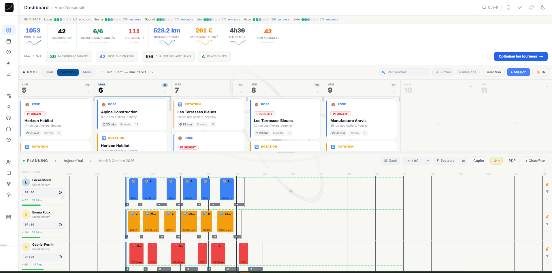 Tableau de bord Pathélix : indicateurs du jour, missions à planifier par jour de la semaine, et planning des chauffeurs heure par heure.