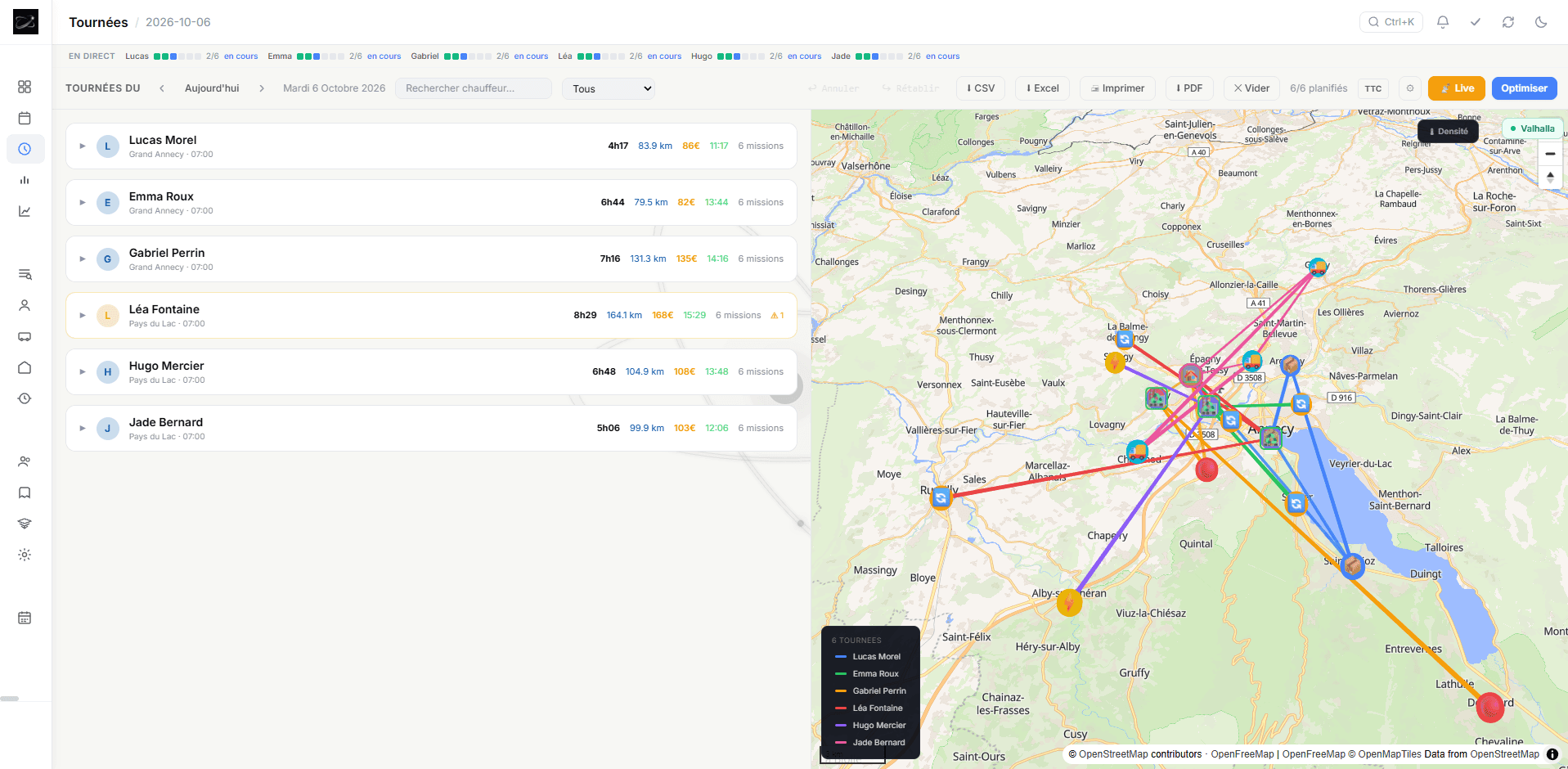 Vue Tournées de Pathélix : à gauche, une tournée par chauffeur avec durée, kilomètres, coût et heure de fin ; à droite, la carte de la région d’Annecy où chaque tournée est tracée dans sa couleur.